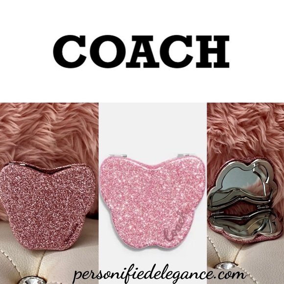 NEW Coach Pink Silver Glitter Butterfly Compact Dual Sided Mirror - Picture 16 of 16